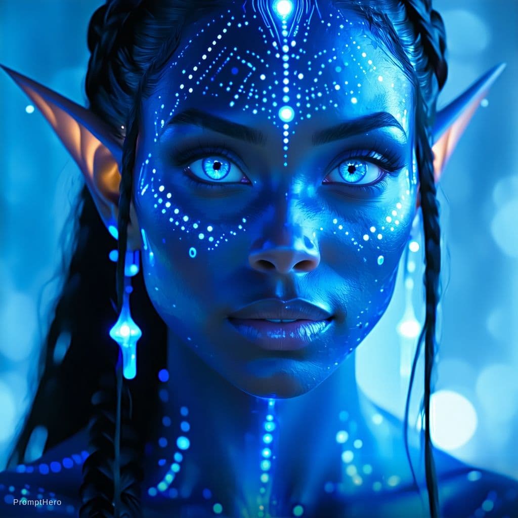 AI generated: blue humanoid avatar with bioluminescent avatar markings dots and patterns on their skin. Pointed el...