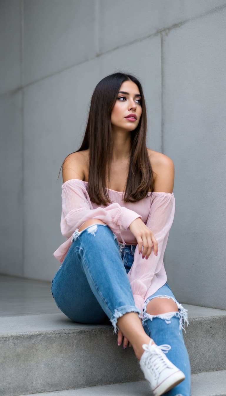 AI generated: A woman is seated on a wide step with her legs crossed. Her straight long brunette hair frames her b...