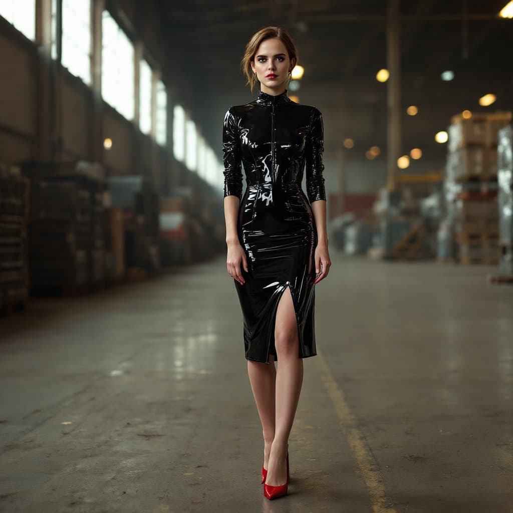 AI generated: Full body shot of Emma Watson in a black latex dress and red pointy high heels. She is standing in a...