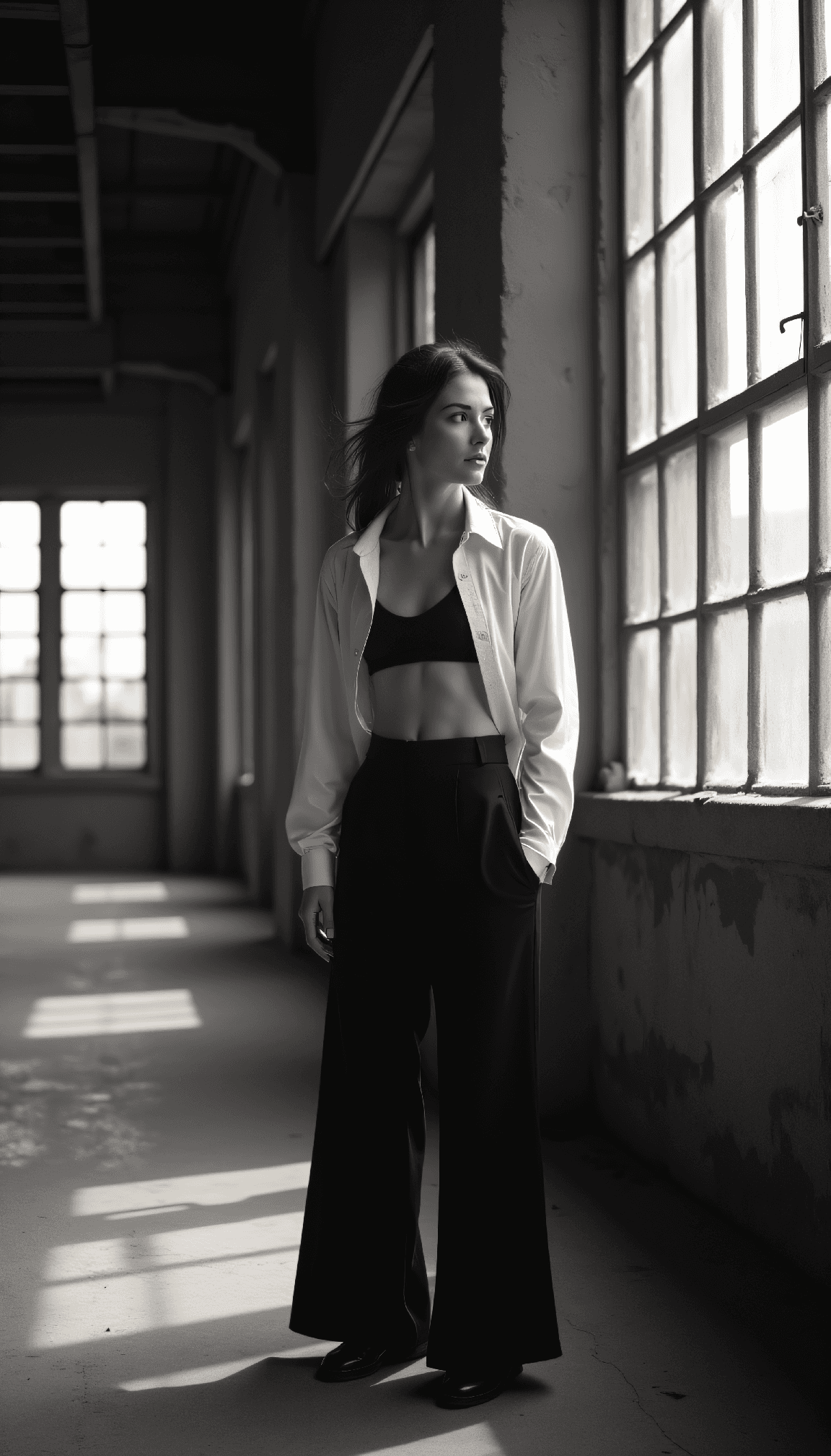 AI generated: A black and white scene in Jarmusch's meditative style: A woman stands by a floor-to-ceiling window ...