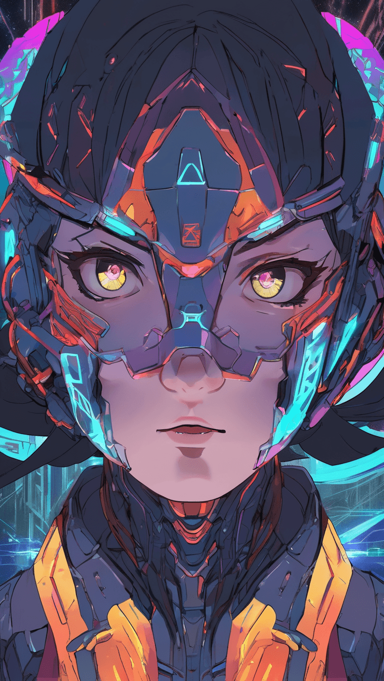 AI generated: a cyborg facemask covered in rune of neon, an anime drawing, trending on Artstation, serial art, mar...