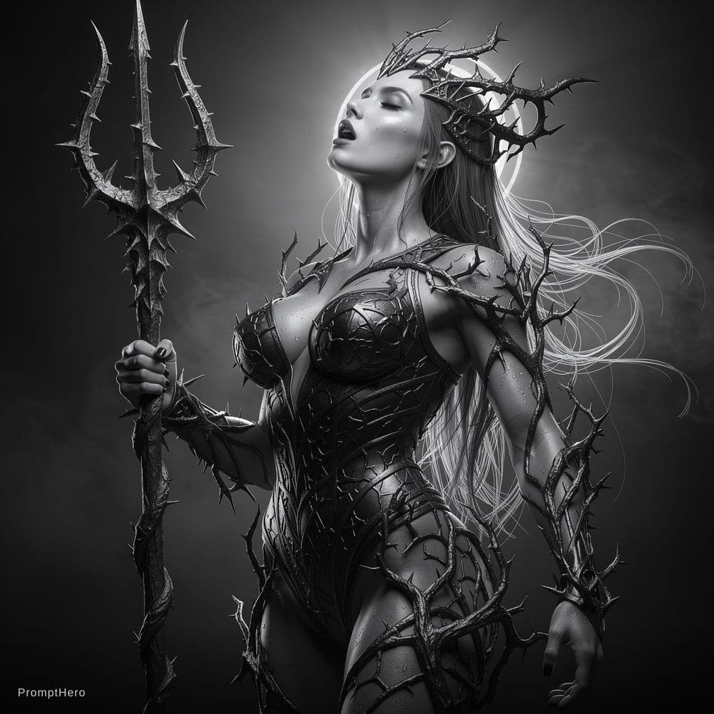 AI generated: A dramatic black and white portrait of a powerful female deity or sorceress, her head tilted back in...