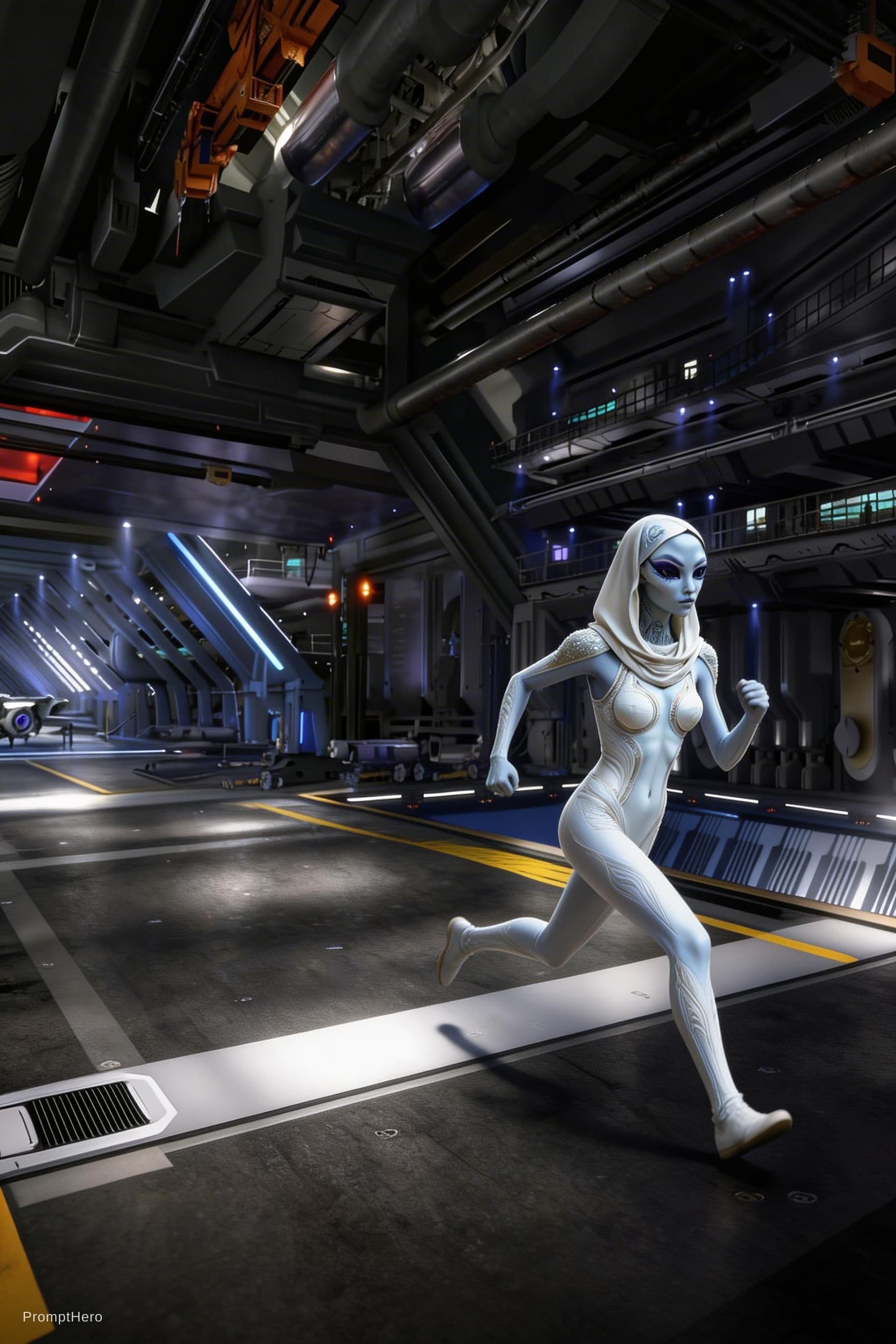 AI generated: Sci-Fi Cinematic Scene. Show the character in reference image 1 running from right to left in refere...