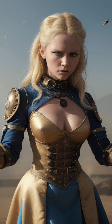 AI generated: She has an angry look on her face. Blonde hair and blue eyes. She wears a steampunk renaissance dres...