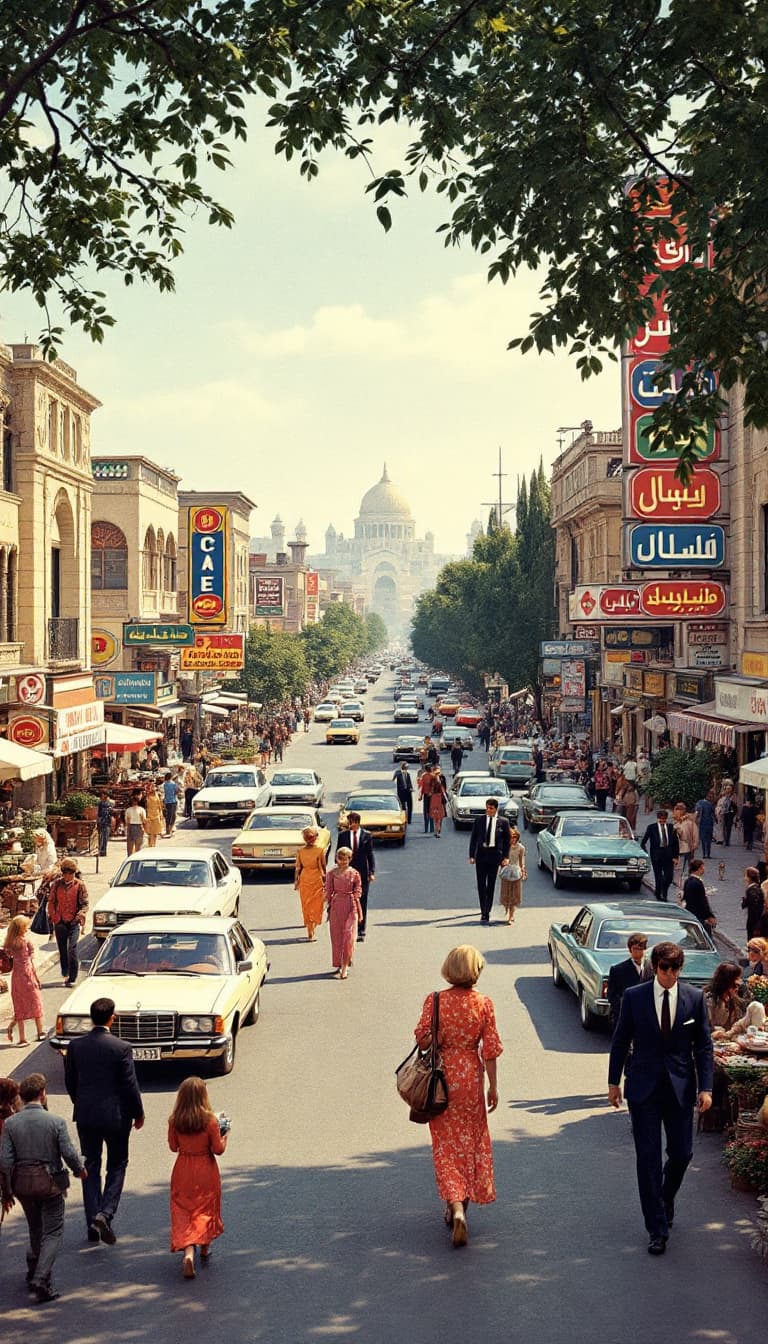 AI generated: A vibrant scene from the 1970s in Karaj, depicting a famous street like Shahr-e Karaj or Valiasr Str...
