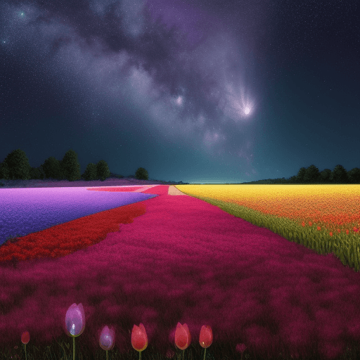 AI generated: a field of flowers, vivid colors, glow in moonlight, unique flowers,   --q 1.5 --s 100 --ar 3:2 