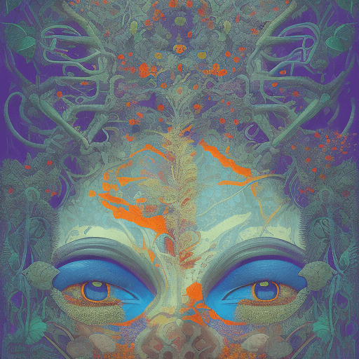 AI generated: a  painting of an eye with purple and orange flowers, in the style of james jean, mysterious jungle,...