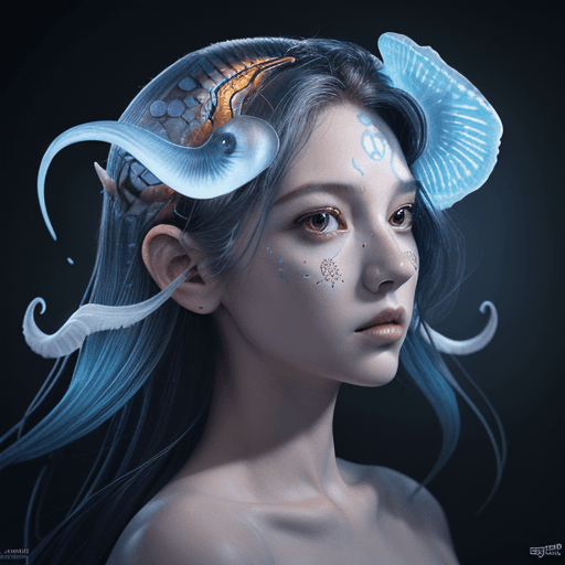 AI generated: Goddess close-up portrait ribcagel. jellyfish phoenix head, nautilus, orchid, skull, betta fish, bio...
