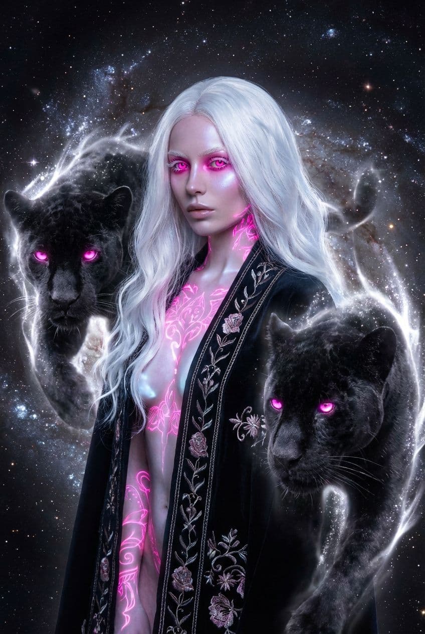 AI generated: a striking portrait of a woman, white long platinum hair, her eyes are vivid pink, full lips, long e...