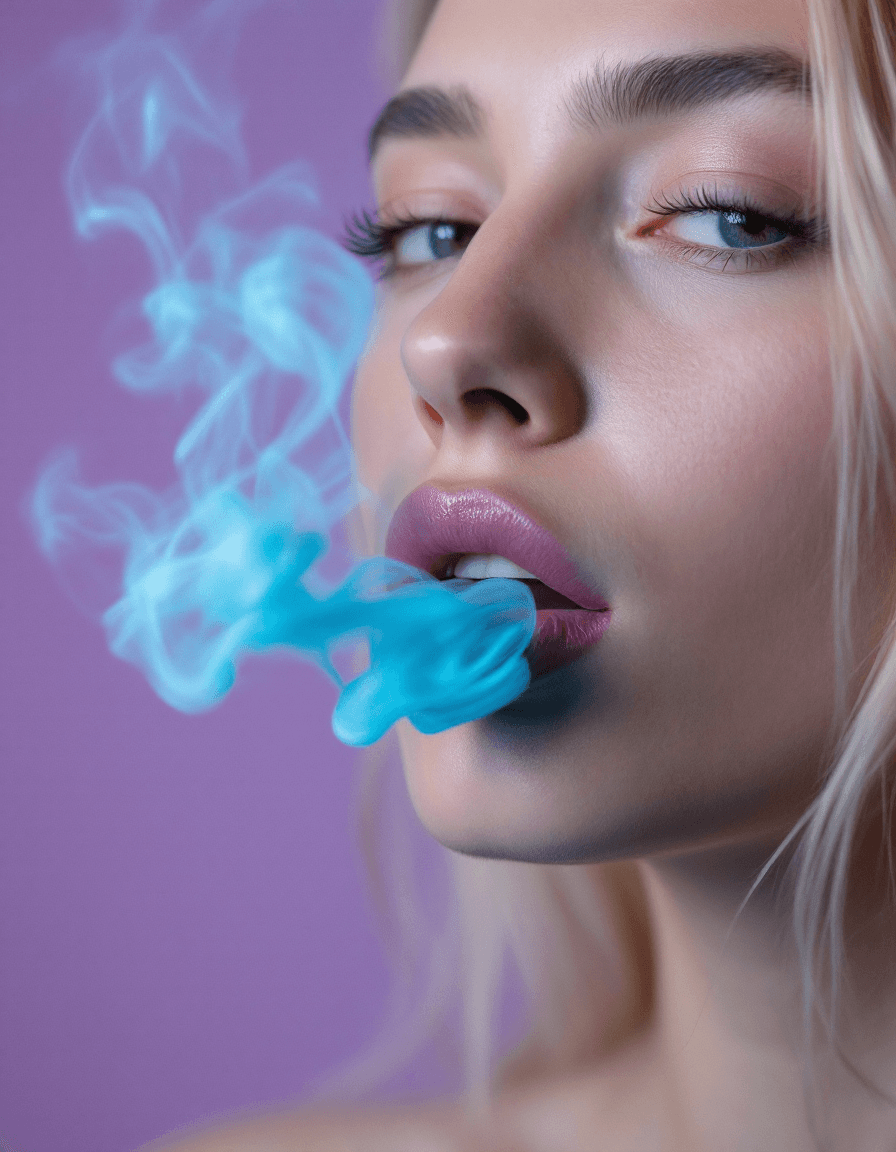 AI generated: close-up of a young blonde woman with pale blue smoke curling from her lips against a gradient purpl...