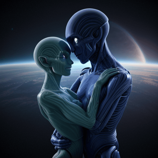 AI generated: An alien and a human merging together to create a new plane of existence, their bodies transcending ...