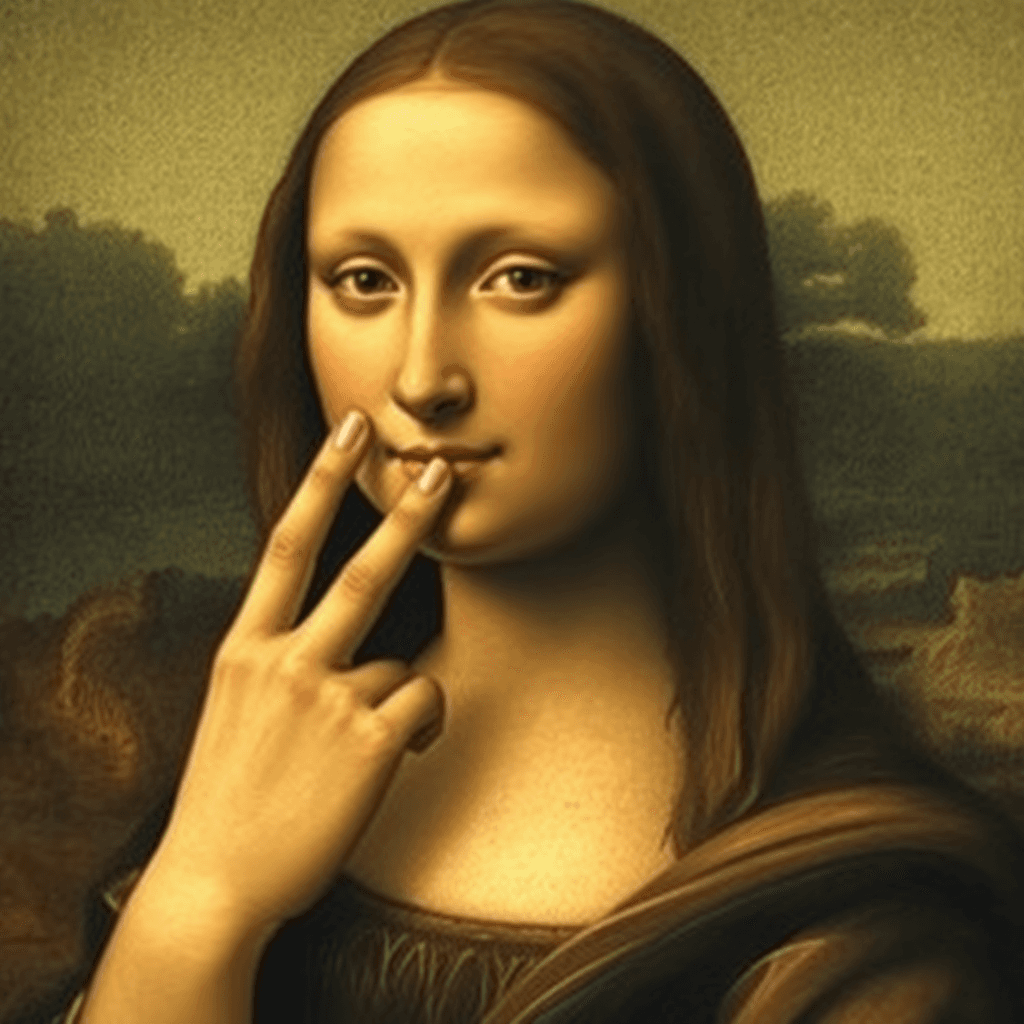 AI generated: Mona Lisa with her fingers squeezing her NOSE. Leonardo Da Vinci, Renaissance paintings --ar 4:5 --s...