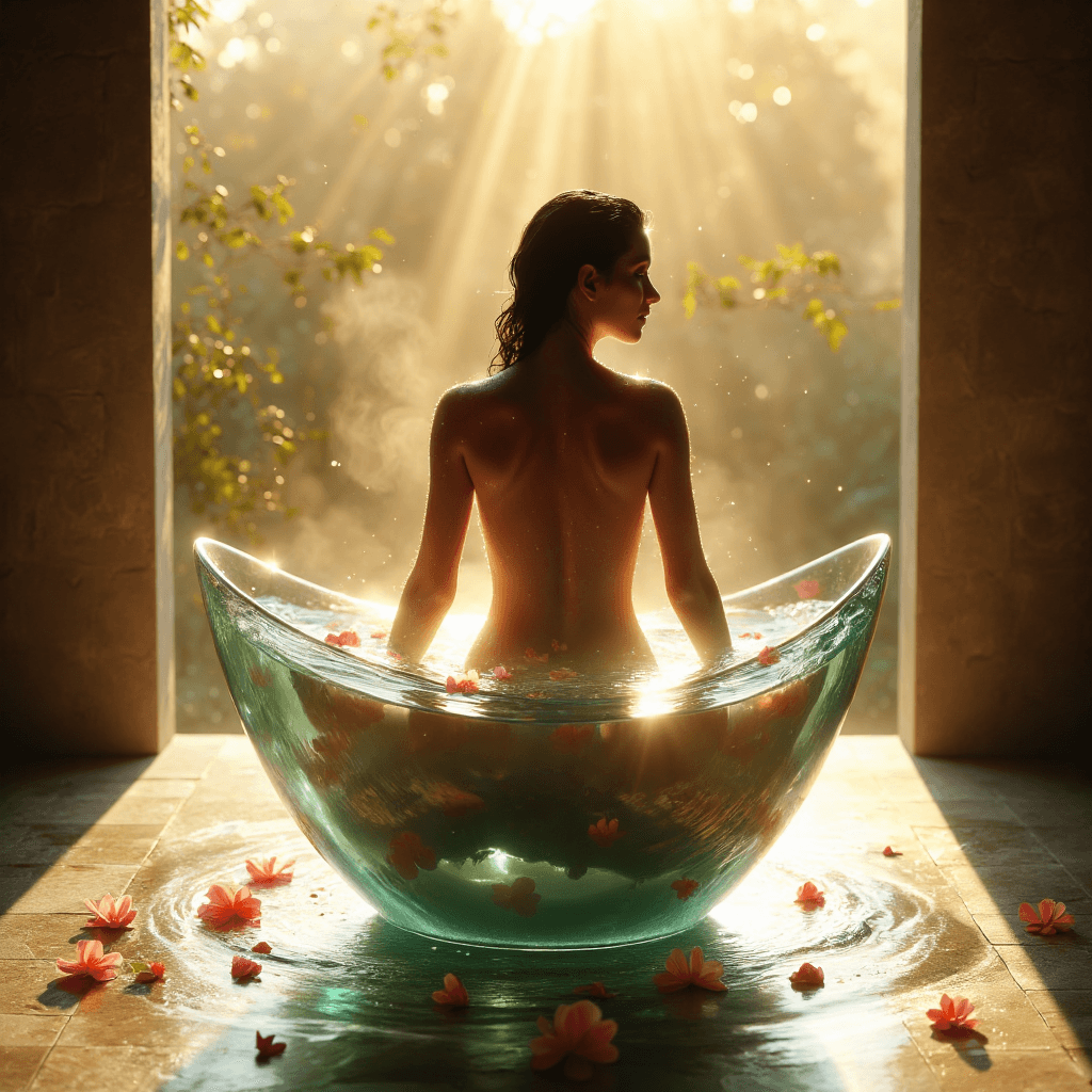 AI generated: A cinematic fine art scene of a woman bathing in a large, elegant glass tub filled with warm water a...