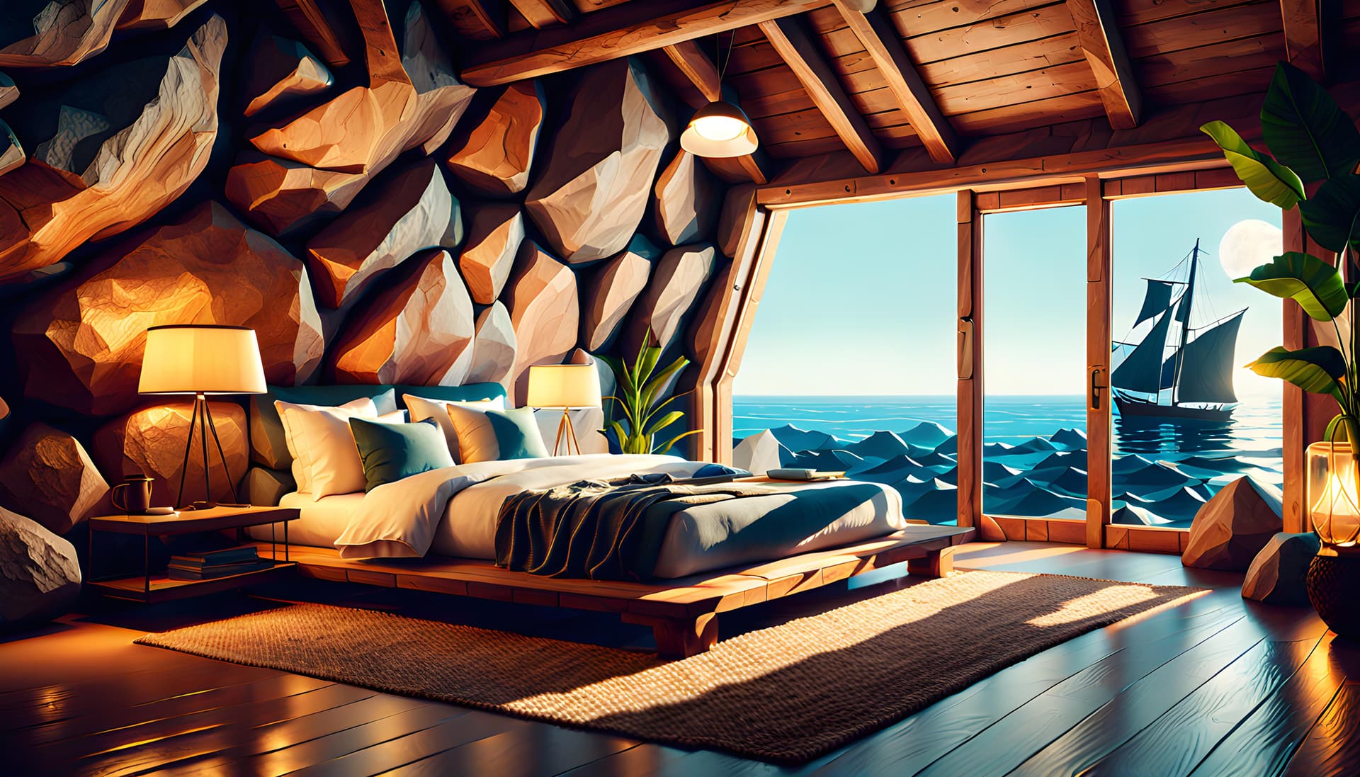 AI generated: extremely detailed CG unity 8k wallpaper, dazzling waves, huge low poly rocks, 4k, uhd, extremely de...