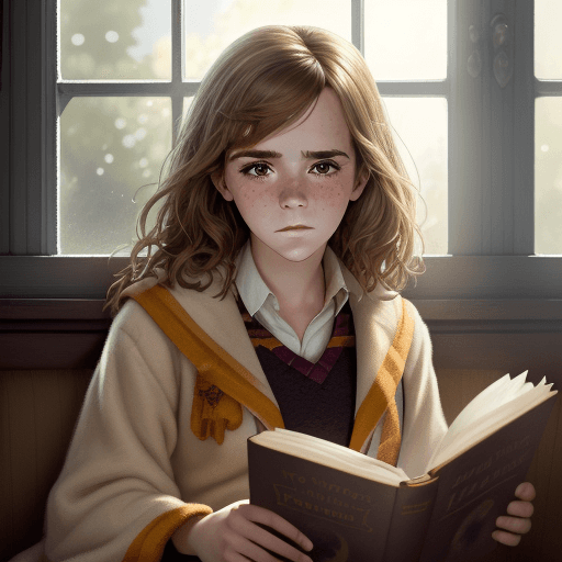 AI generated: (1 girl) portrait of Emma Watson as Hermione Granger sitting next to a window reading a book, other ...