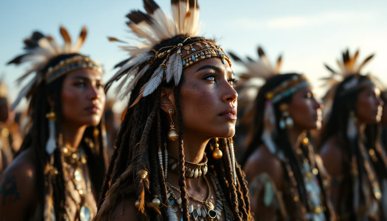 AI generated: Faces and Clothing of the Native Americans. see on camera. Long, braided hair interwoven with feathe...
