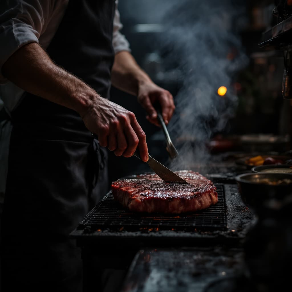 AI generated: darker image of chef in apron grilling big chunk of meat. 
Photography
