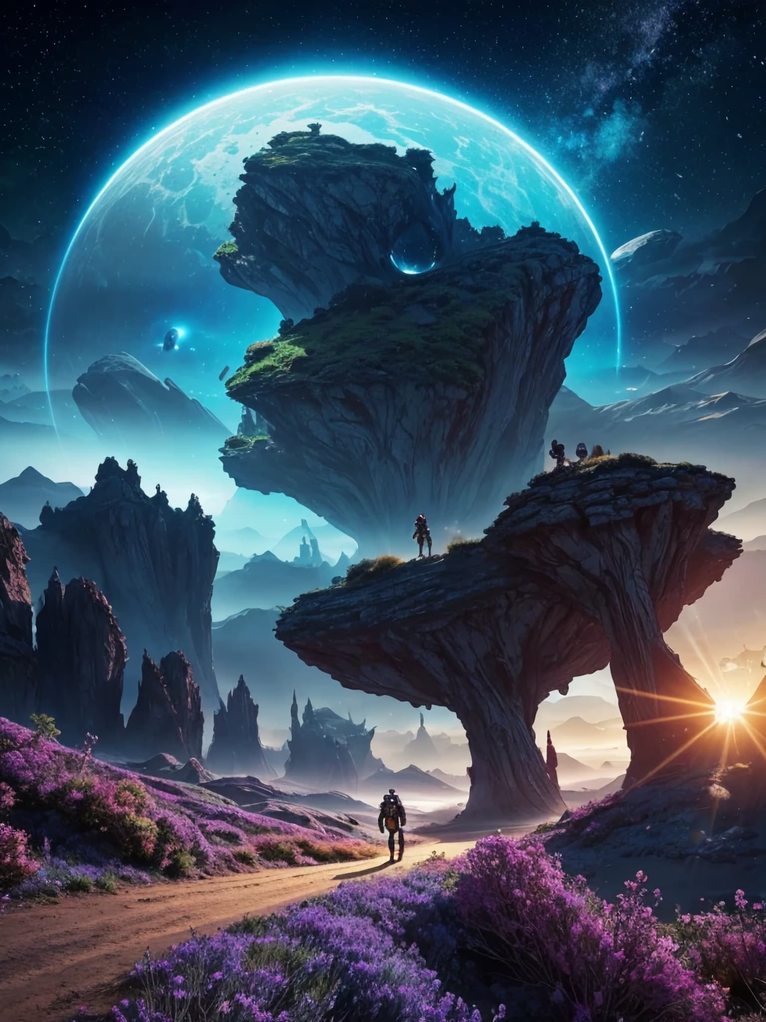 AI generated: Breathlessly beautiful landscape, mix of futuristic and medieval style on an alien planet, ultra-rea...