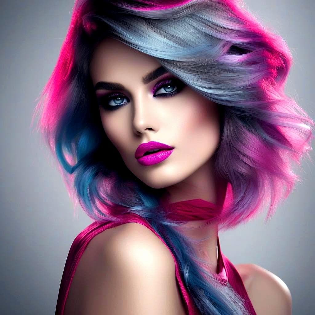AI generated: A close-up portrait of a young woman with long wavy hair, dramatic and edgy. The hair is colored in ...