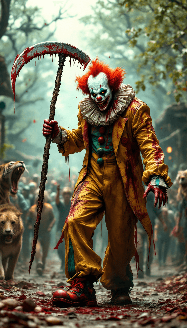 AI generated: A full body view of a horrorclown armed with a blood-soaked scythe in the middle of a bustling zoo. ...