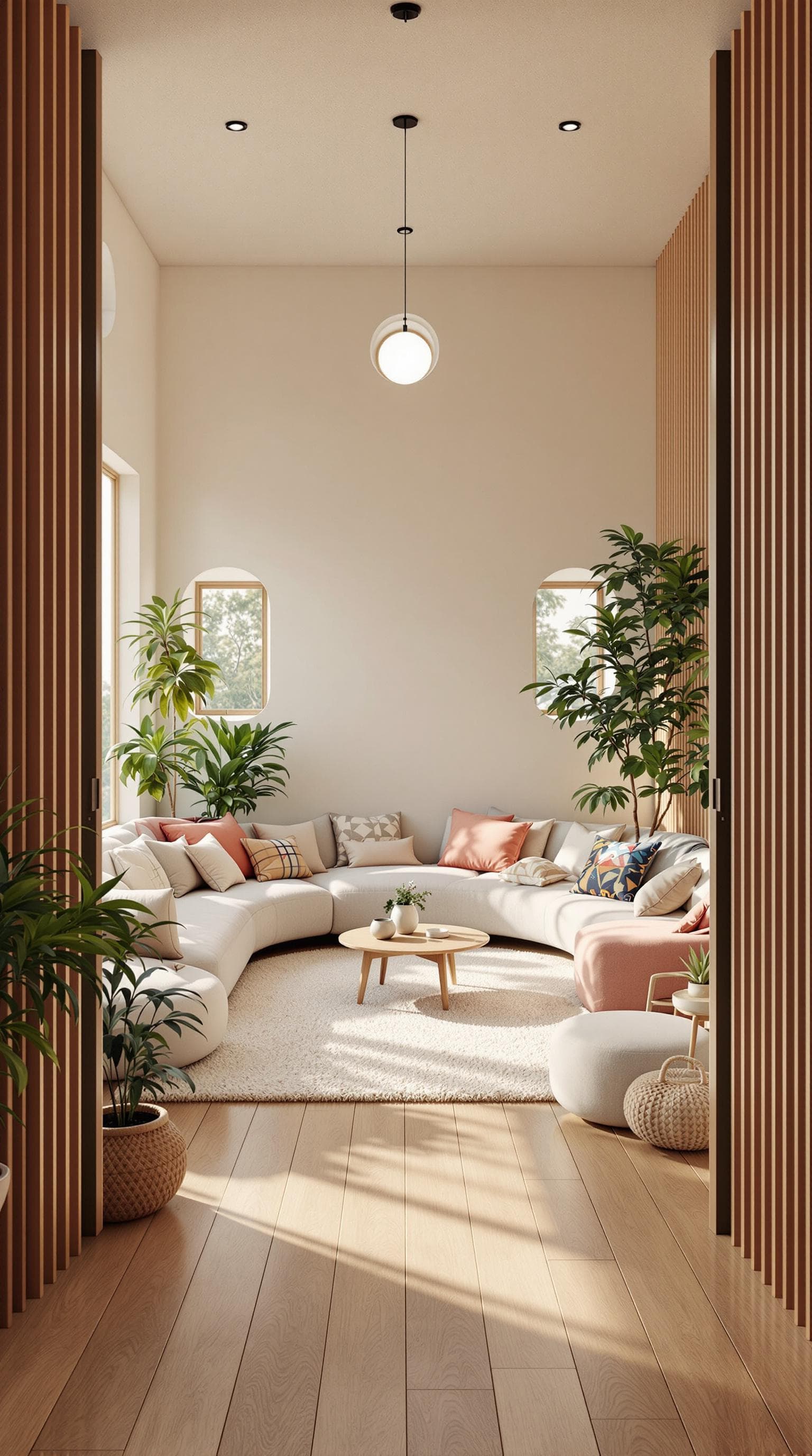 AI generated: High resolution photography interior design, dreamy sunken living room conversation pit, wooden floo...