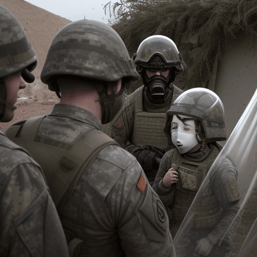 AI generated: A surreal and dramatic scene set in the midst of a ground combat. In the foreground, a soldier is hu...