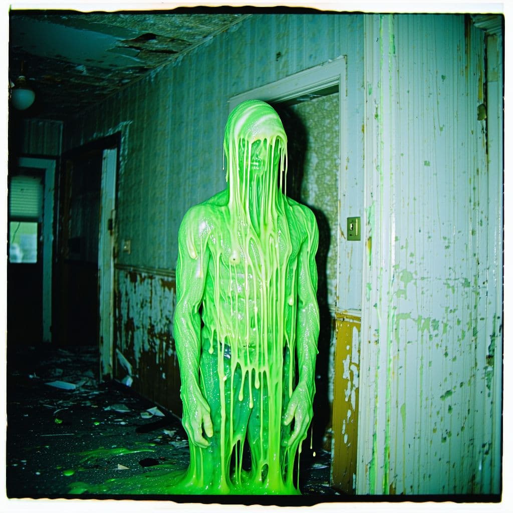 AI generated: grainy 80's photograph quality polaroid of king slime suicide caught in an abandoned house, dark