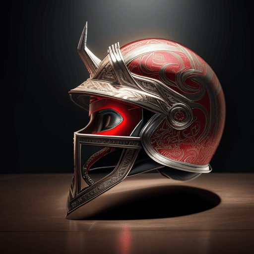 AI generated: helmet on the table with the design and character of thor  The helmet is gold and red dark, no water...