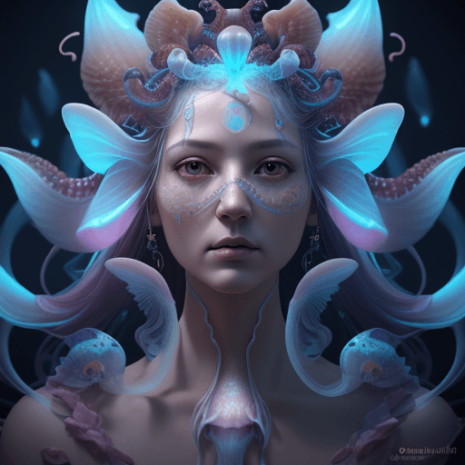 AI generated: Goddess close-up portrait ribcagel. jellyfish phoenix head, nautilus, orchid, skull, betta fish, bio...
