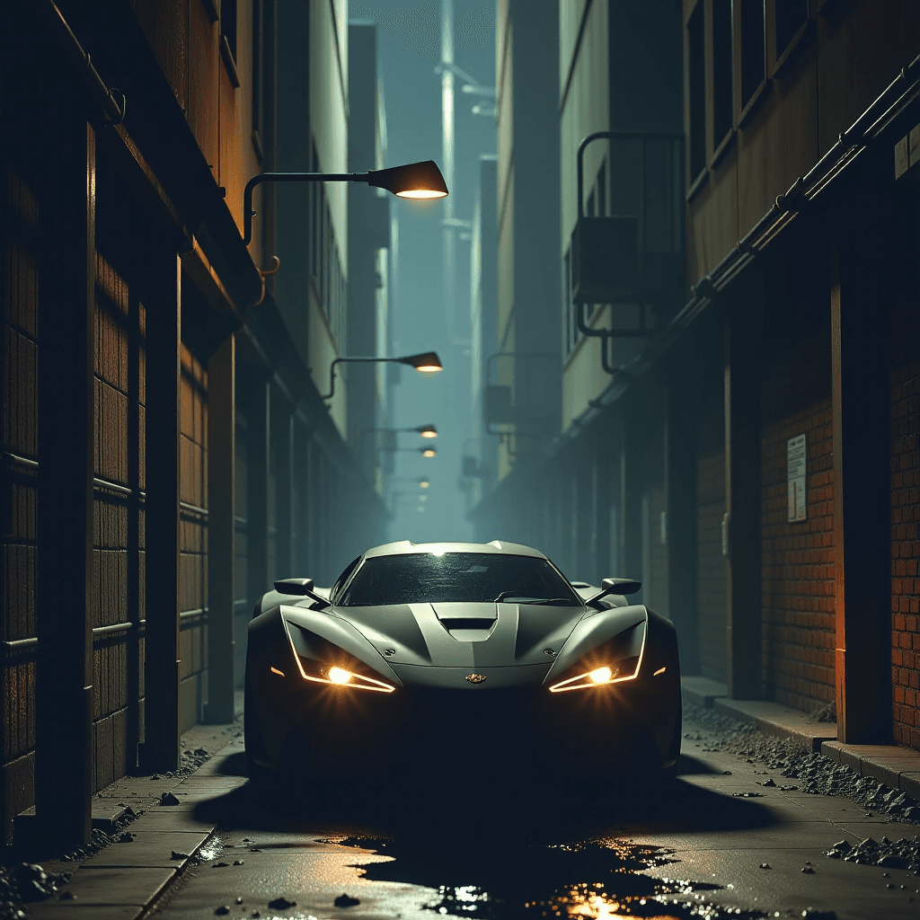AI generated: Stealth Mission: "A stealth-black, angular vehicle, barely visible in the shadows of a dark, industr...
