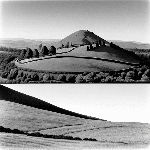 AI generated: Three round hills, with a tree at the top of the left and right hand hill.  No tree on the middle hi...