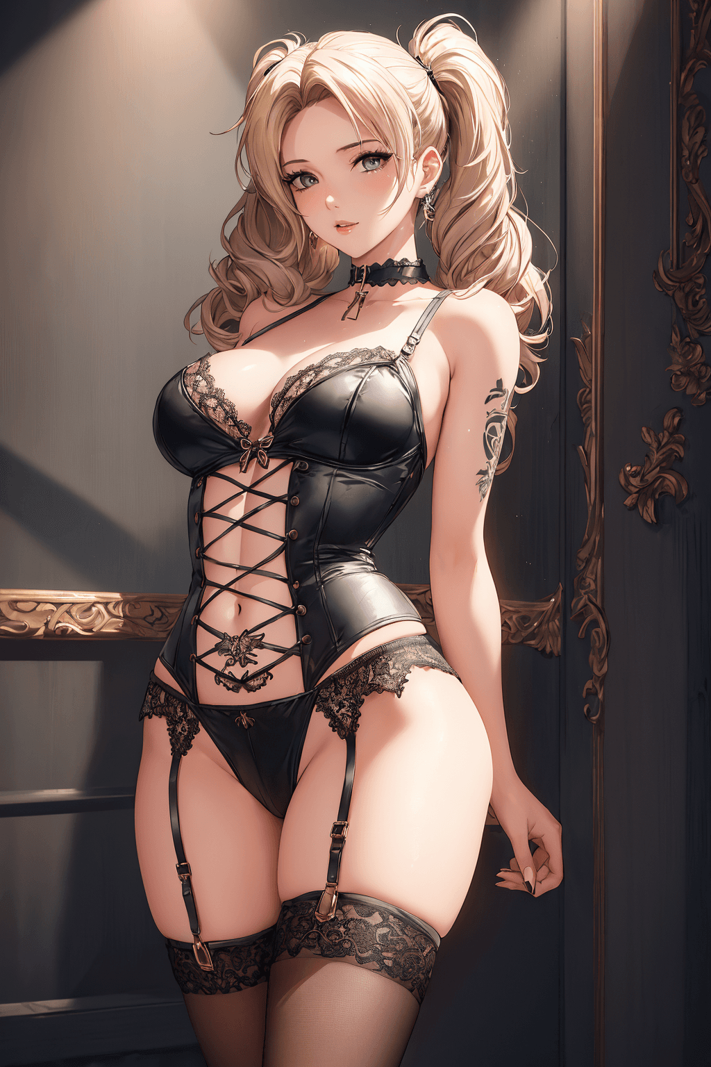 AI generated: female dressed as cowgirlcharacter, mercy overwatch, (30 years old),grey curly hair, twintails, (ver...