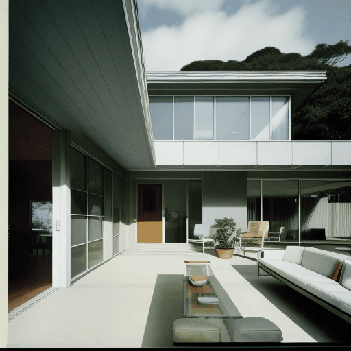 AI generated: Hyper realistic eye level exterior photo of a mid century modern style house overlooking the ocean, ...