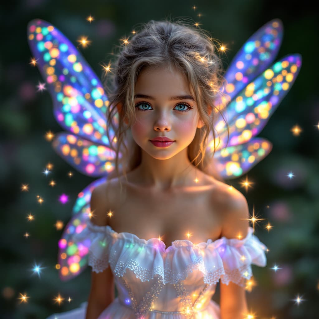 AI generated: A professional photo of a realistic of a ten year old Fairy (full Body) with shimmering dragonfly wi...