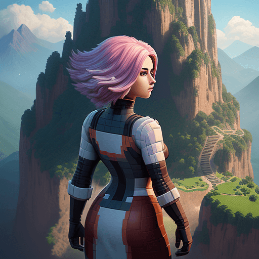 AI generated: 2d pixel art, more like pixel art, bolnd hair girl, game front page cover, back ground mountain, pho...