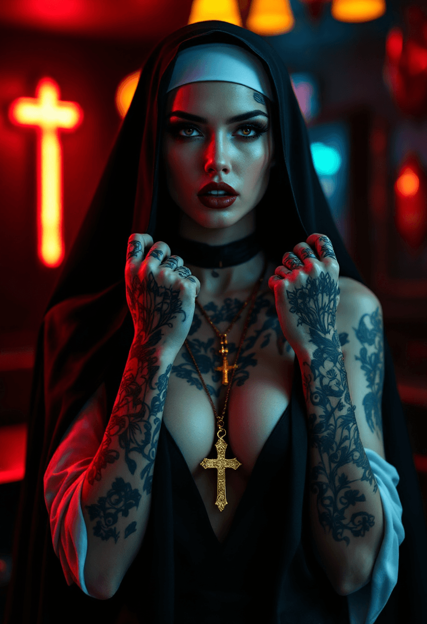 AI generated: Full body view of a young beautiful tattooed nun with a modern twist. She wears traditional nun atti...