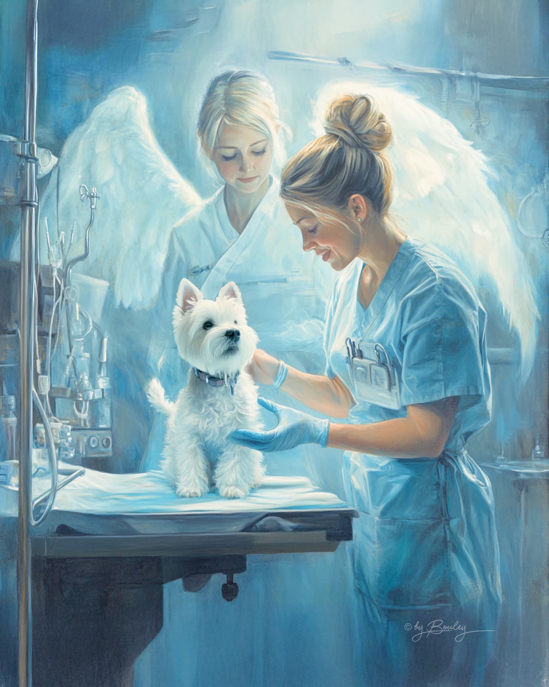 AI generated: a veterinarian with a small West Highland White Terrier, in a treatment room, behind them is a femal...