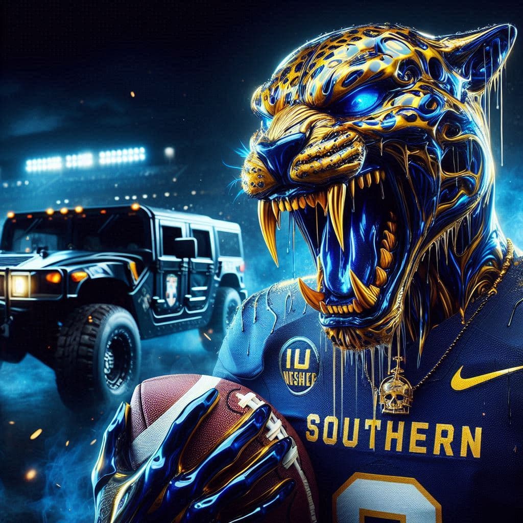 AI generated: cinematic movie photo of a airbrushed glossy fierce growling Jaguar Skeleton Skull face made of blow...