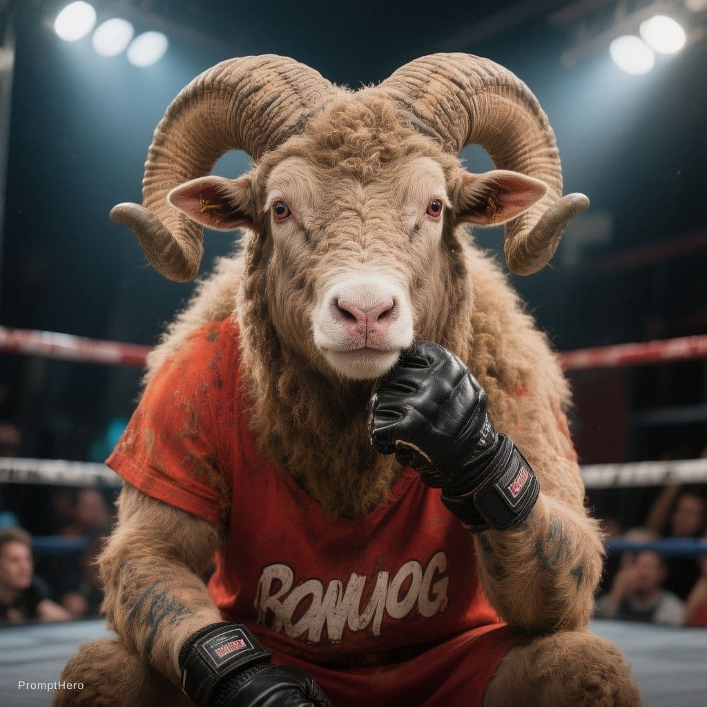 AI generated: un carnero o borrego cimarron corpulento de ojos rojos con guantes de box negros y un short rojo sen...