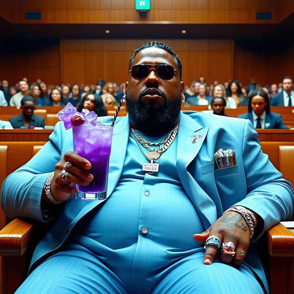 AI generated: fattest american gangster rapper in the world sat in court but he has a purple drink so the whole co...