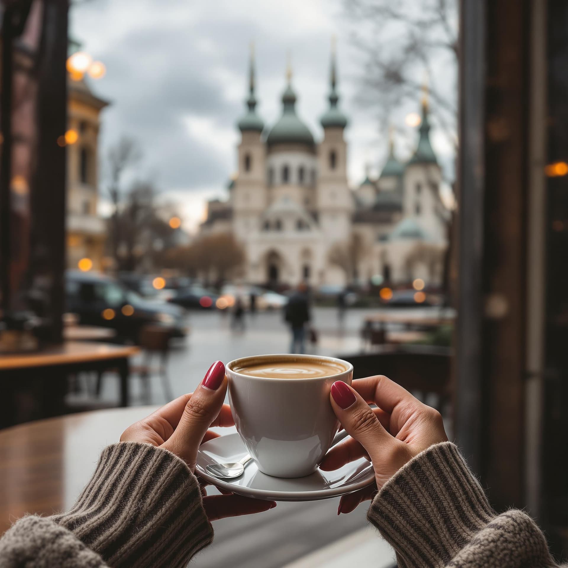 AI generated: A cozy café scene in Belgrade, captured from a first-person perspective. The focus is on a pair of e...