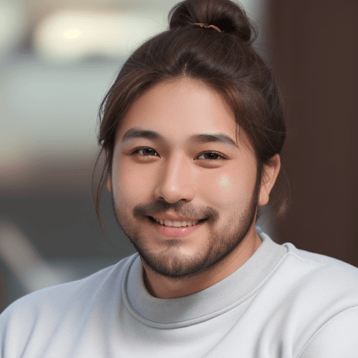 AI generated: A guy with a rounder type of face, brown eyes and long brown hair tied down in a bun with some frami...