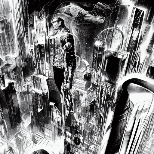 AI generated: lineart pencil, Men in the futuristic scifi city, black and white comic, sketch, concept, david finc...