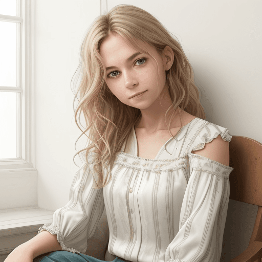 AI generated: An image of a woman sitting down with her body slightly turned to her left. She is looking at the ca...