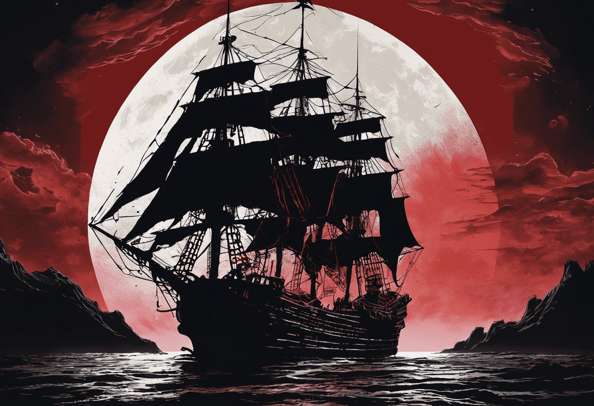 AI generated: ghost pirate ship sailing off into distance, blood-red moon present, old poster quality, atmospheric...