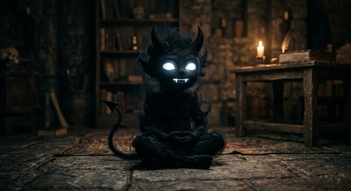 AI generated: a small black basic demon with glowing white eyes and glowing white sharp teeth and little black dev...