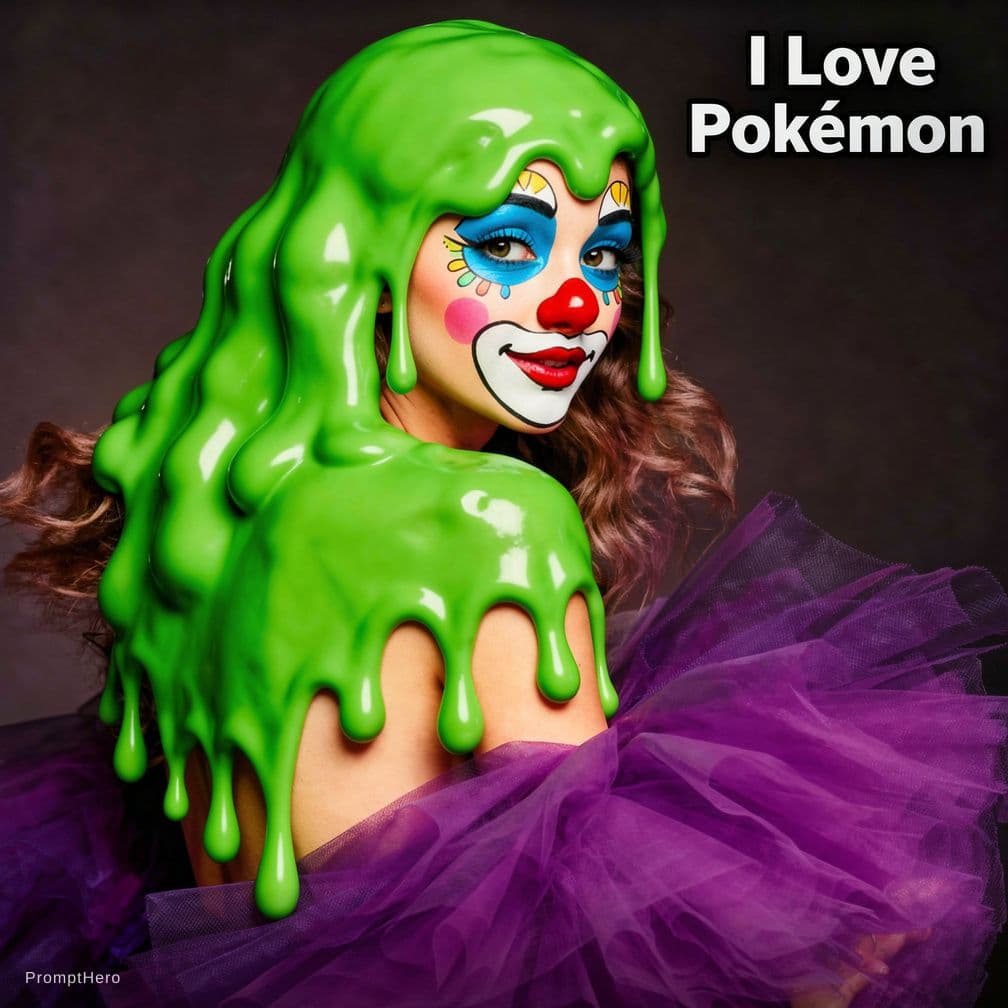 AI generated: Taylor swift covered in green, mucky slime, wearing clown makeup, with the caption "I Hate Pokemon"