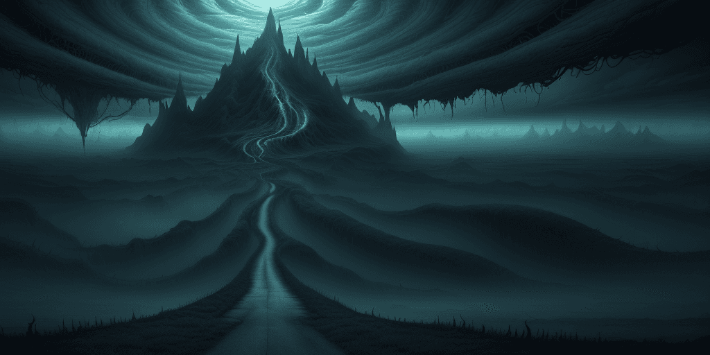 AI generated: a surrealisitc dreamy-horror panoramic landscape, an unreal dreamscape in a parallel universe, a war...