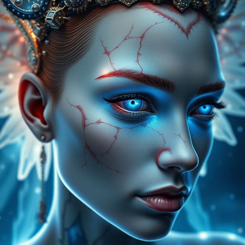 AI generated: Close-up of a flawed celestial entity, pale glowing skin with sapphire cracks, luminous eye like a b...