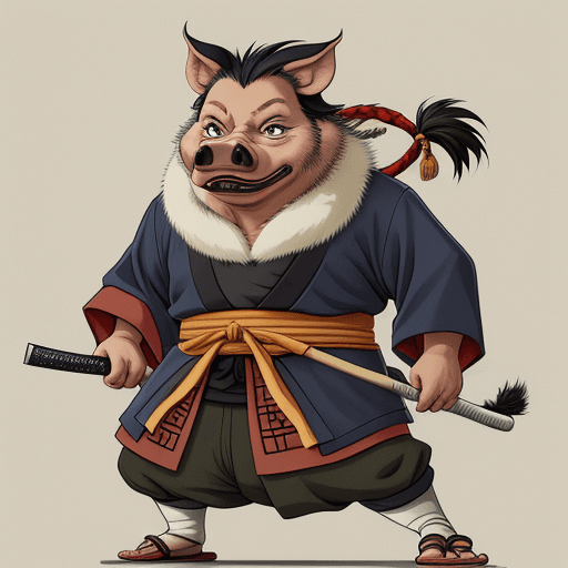 AI generated: artwork by Stan Sakai, anthropomorphic wild pig, samurai, anime